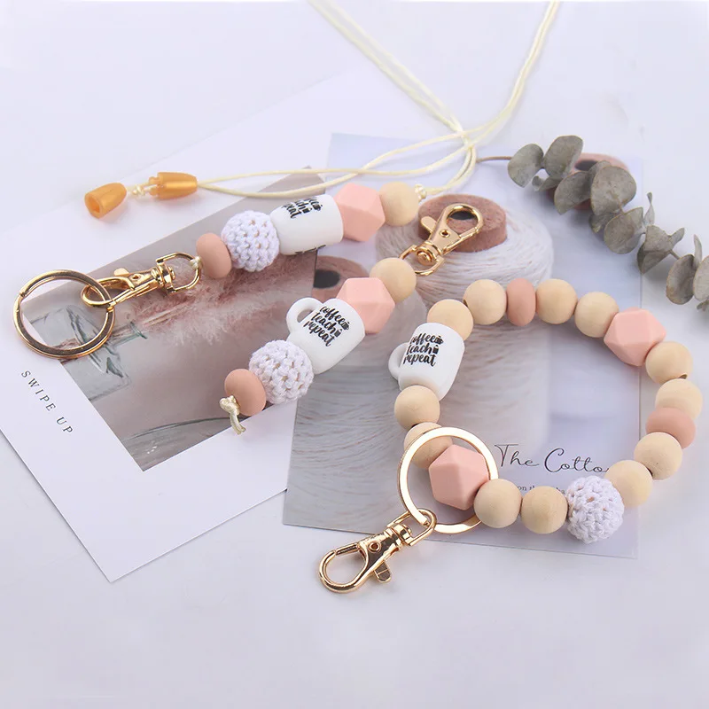 2024 boho silicone beads coffee cup teacher lanyard keychain wristlet set gift for mom coffee lover