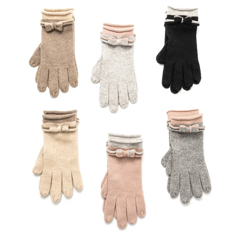 2021 autumn winter fashion ladies soft warmer style cashmere mittens with cute bow tie