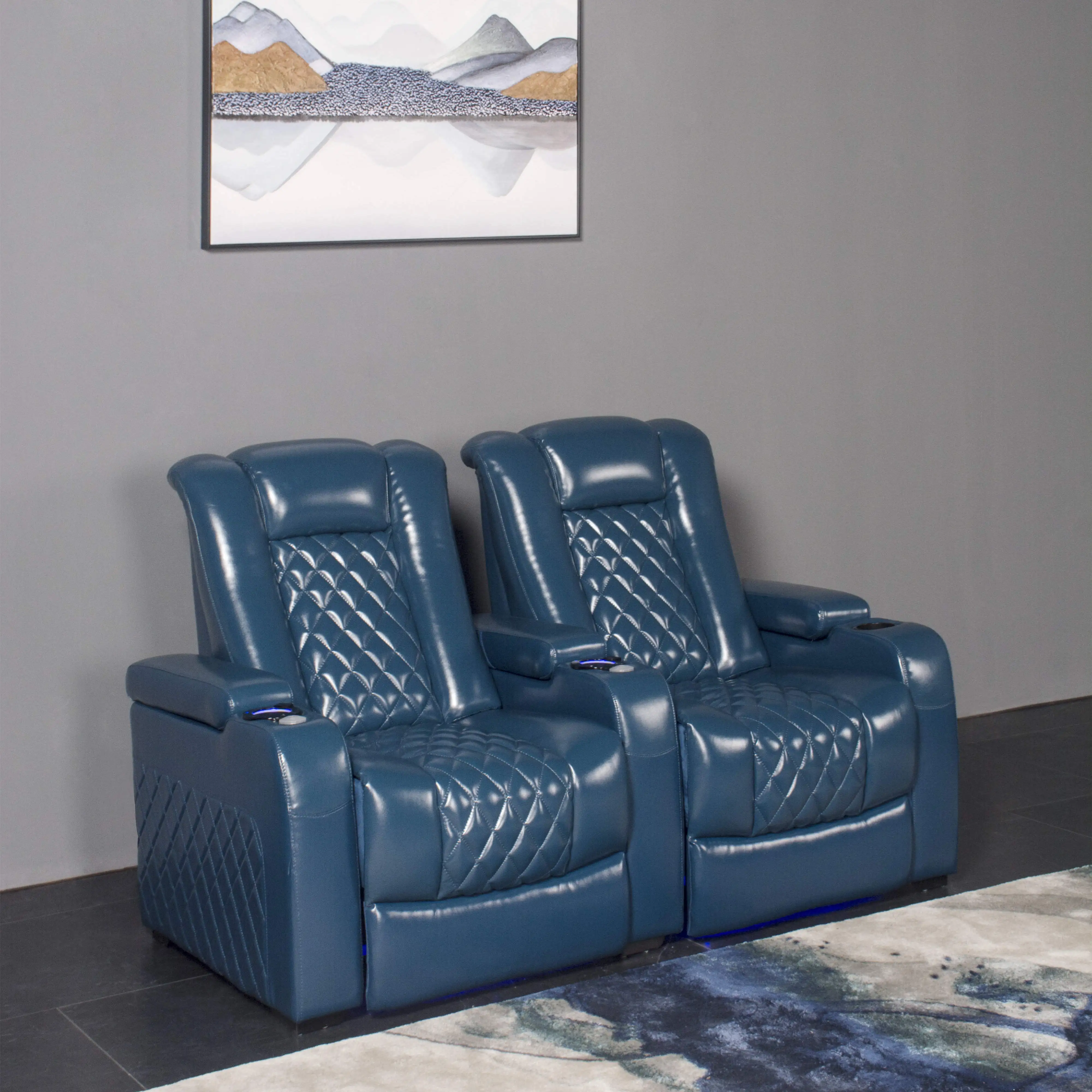 2-местный театральная мебель для дивана recliner кожаная обложка синего цвета домашний кинотеатр моторизованный диван-кровать, диван фильм пластиковые сиденья электрическая кресло