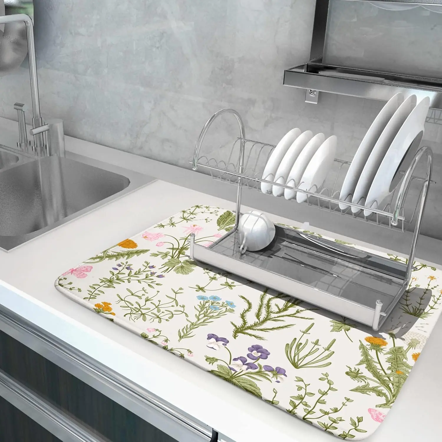 Wild Flowers Herbs Dish Drying Mat 18x24 Inch Absorbent Microfiber Dish Drying Pad Sage Plant Dish Drainer Rack Mat