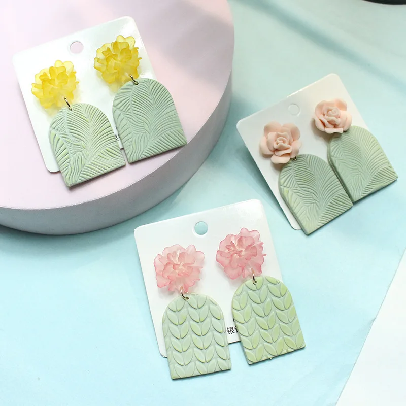 2023 Newest Polymere Clay Leaf Earrings Handmade Flower Garden Large Dangle Earrings Korea Sculpey Polymer Clay For Earrings