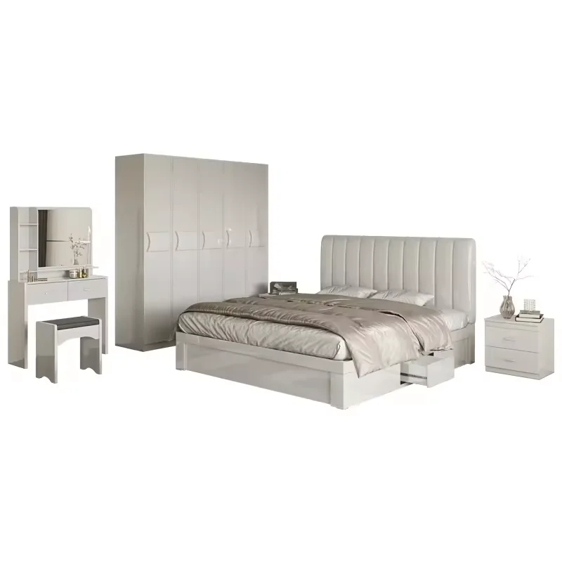High quality Yifan 1.8 M large bed set furniture with wardrobe dresser bedside table modern cream style MDF bedroom set