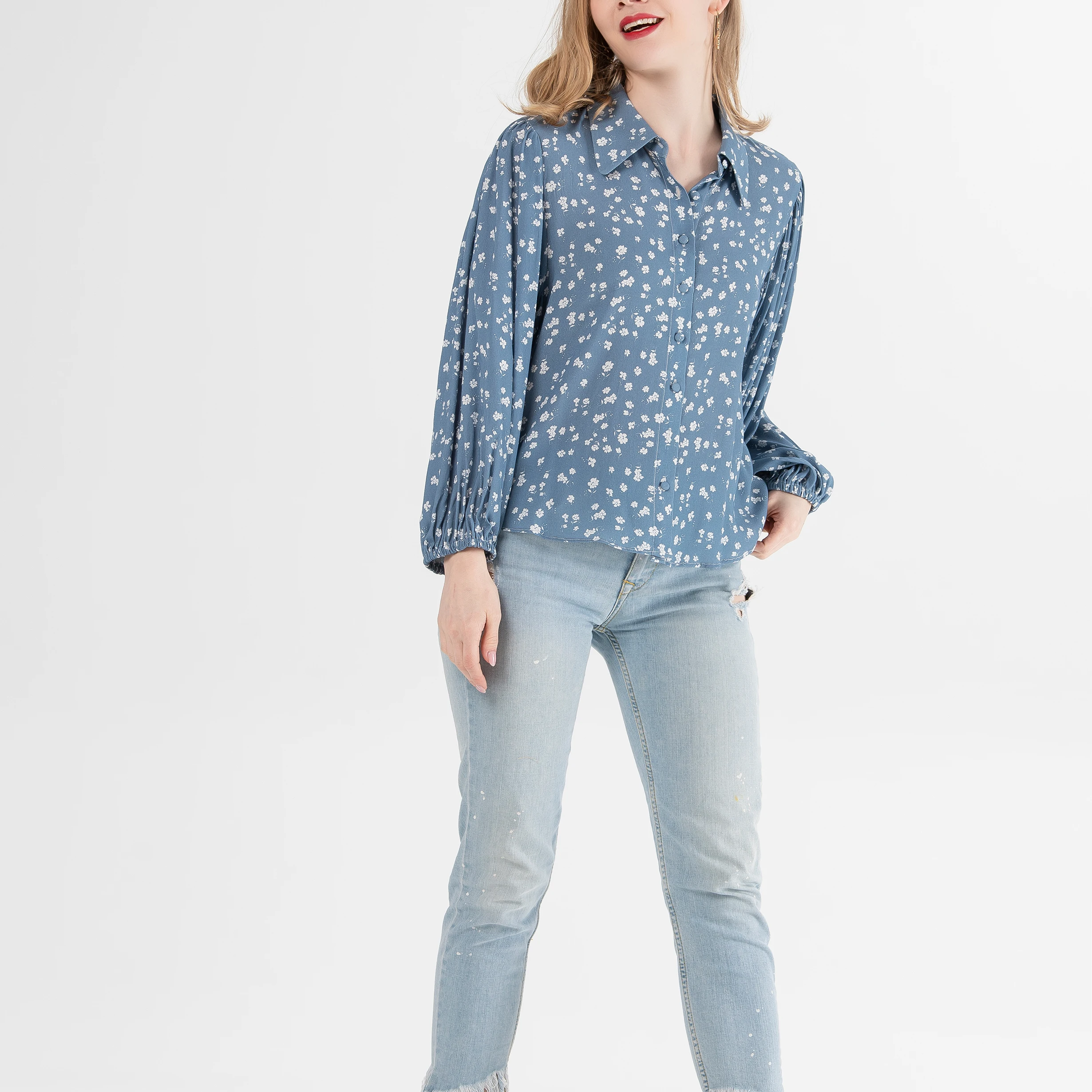 Ladies Elegant Fashion Spring Long Lantern Sleeve Turn Down Collar Shirts Blouse for Women