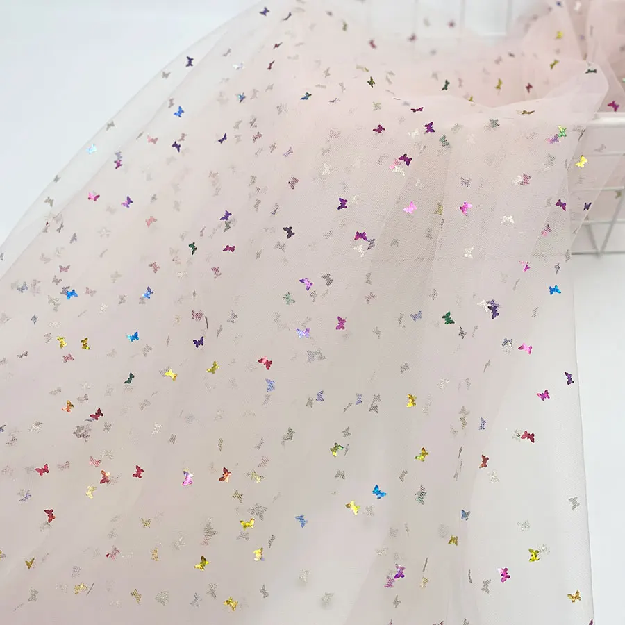 Customized polka dot flower butterfly triangle fancy kids dress multicolor glitter sequin shape tulle mesh sheer fabric