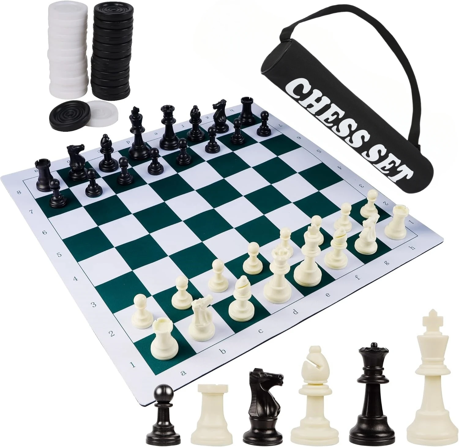 CHRT Plastic Chess Pieces Tournament Chess Set Portable Chess & Checkers Set with Carrying Bag