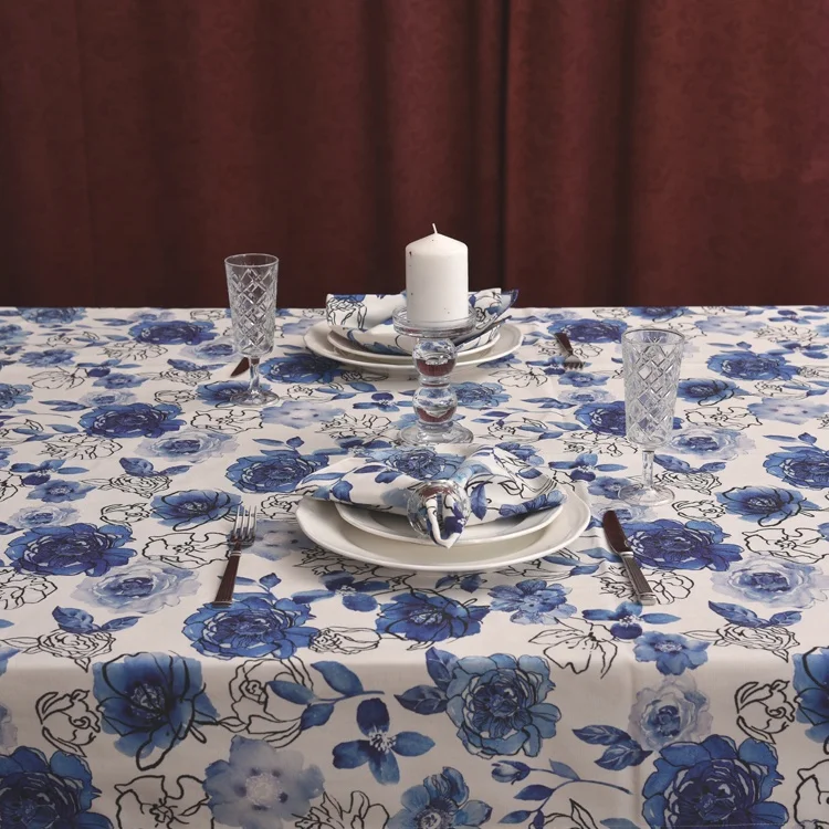 Delicate New Customized Cotton Linen Fabric Table Cloth Full Color Printing Custom Wholesale White Flower Table Cloth