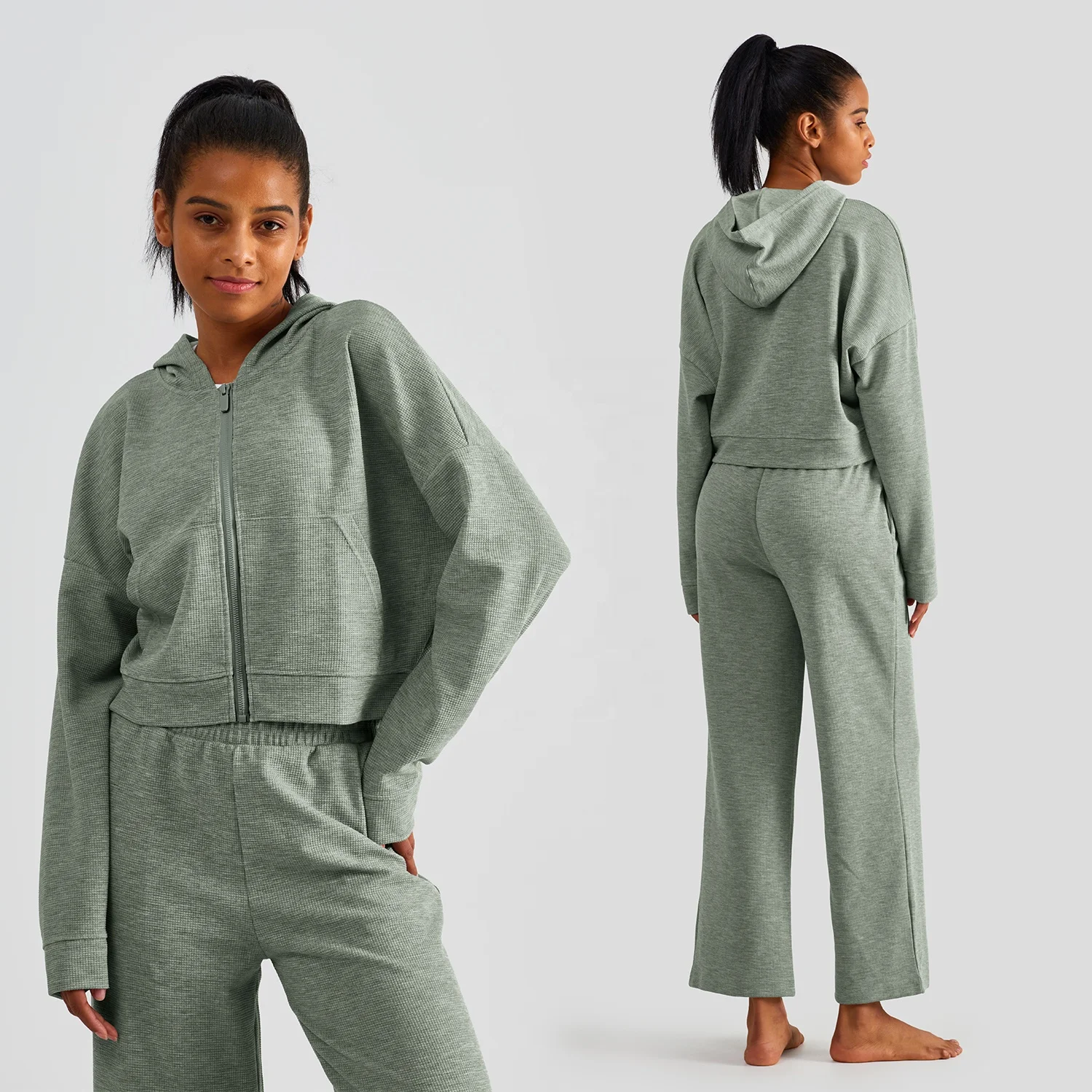 2 Pieces Waffle Pattern Side Pockets Hooded Jackets Women Adjustable Loose Pants Set