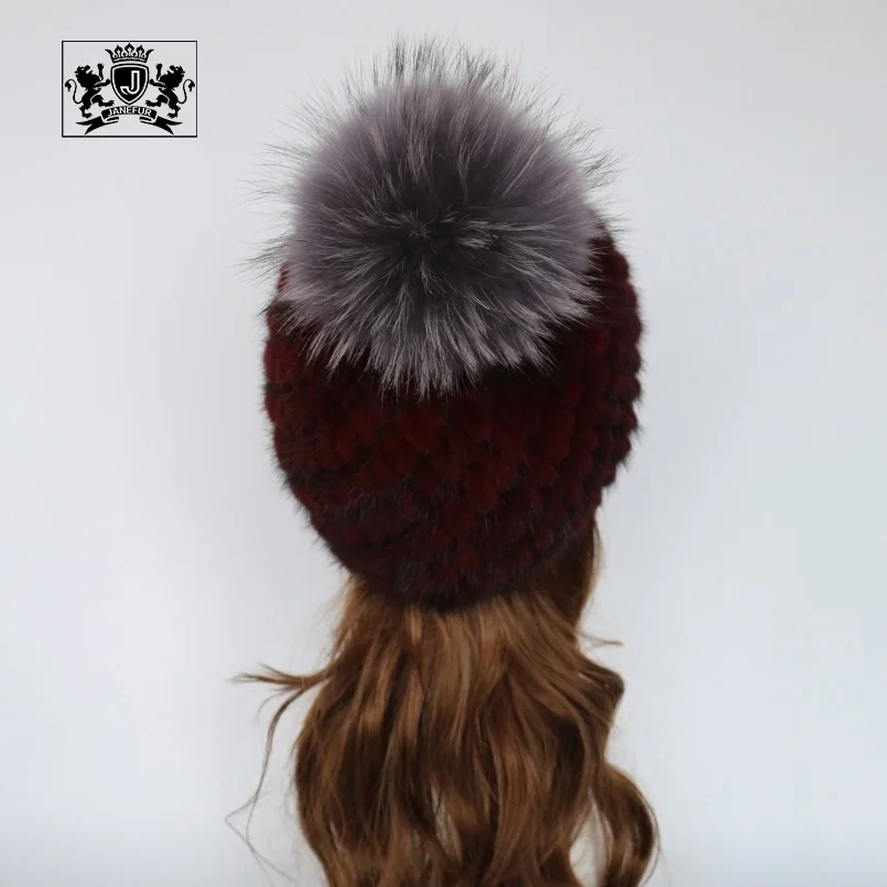Зимняя Женская Роскошная вязаная шапка Janefur из черного меха норки с меховым помпоном теплая Модная натурального серебристого