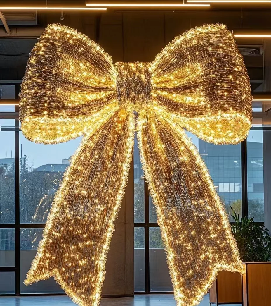 E-088 Hot Sale Gold Giant Bow Butterfly with LED Light Tinsel for Wedding Decoration Mall Center Display Party Stage Decor