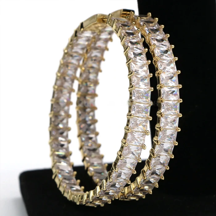 High Quality large 925 Sterling Silver AAA Cubic Zirconia Clear eternity Baguette Cut diamond CZ Hoop Earrings for men