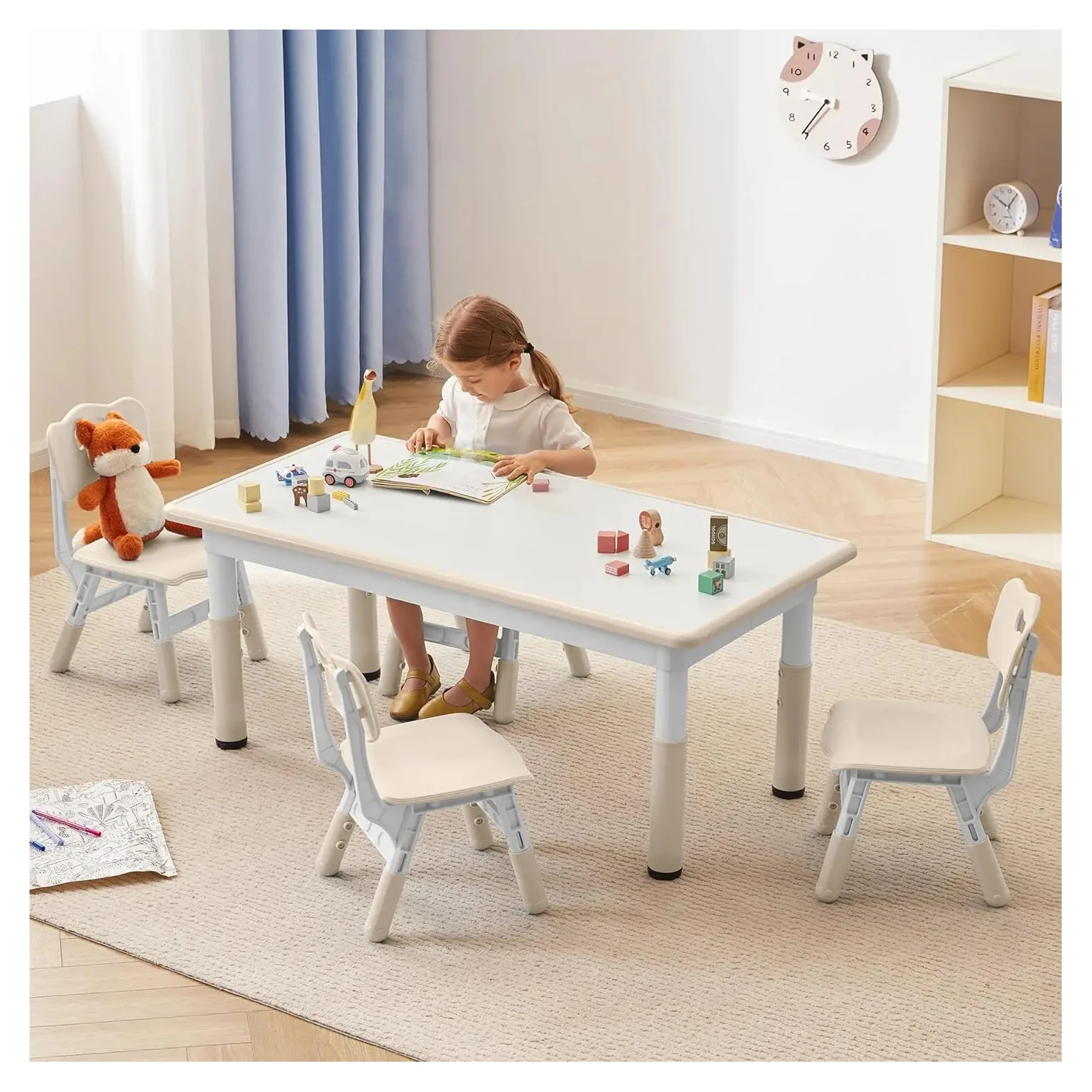 Kids Table and 4 Chairs Set,Height Adjustable Toddler Table and Chair Set,Kids Easy to Wipe Graffiti Table Study Table Chair Set