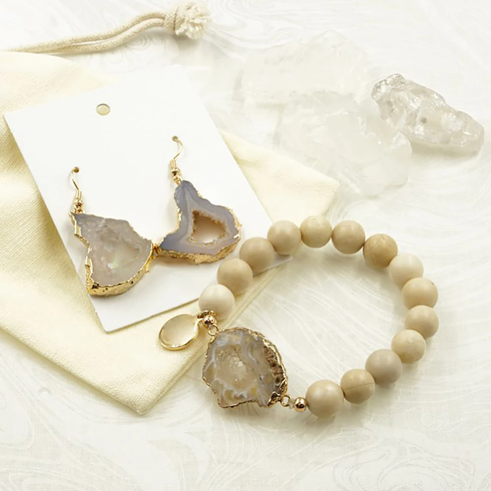 Bohemia Fashion Healing Jewelry, Natural White Agate Druzy Geode Slice Stretch Bracelet,Gift for Her