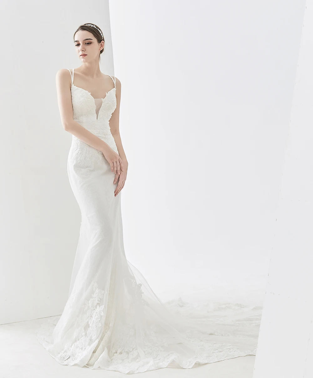 Manufacturer Custom made Plus Size Slim Wedding Dress Lace Sling Bridal Gown Dress Evening Dress