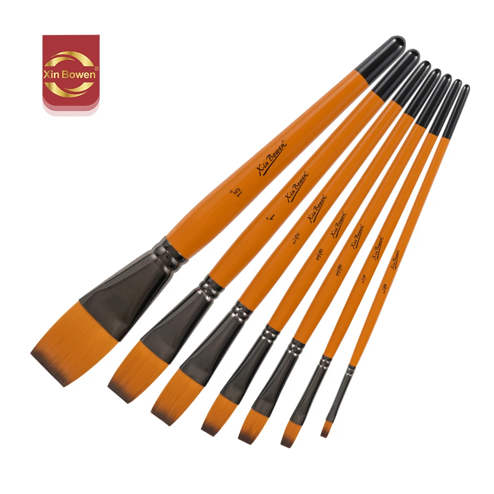 Xin Bowen Master Level 7pcs Orange Artist Paint Brush Set Wood Handle with COPPER Tube Nylon Flat Hair for Painting and Art