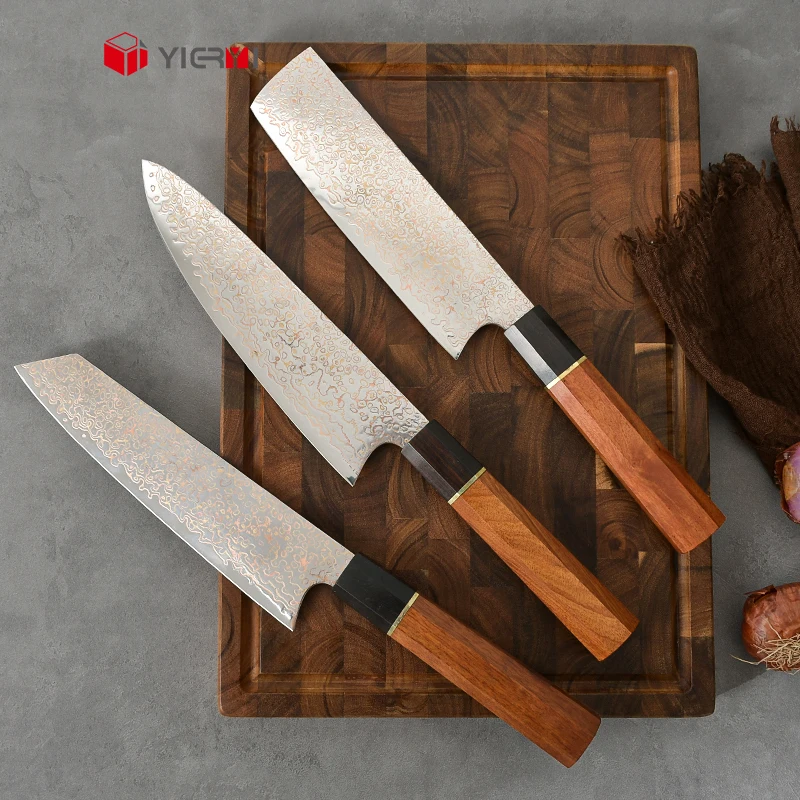 High-End Japanese Chef Knife Set VG10 Copper Damascus Steel with Wood Handle Carbon Steel Blade for Kitchen Use