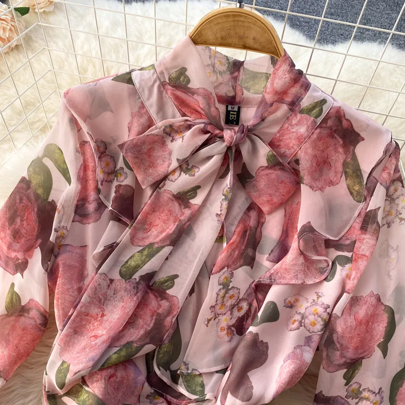 Floral beach dresses holiday bohemian lotus leaf trumpet sleeve round neck chiffon print dress for women