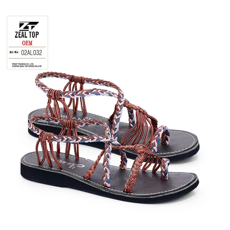 summer platform sandals pu women custom comfy flat ladies soft foot braided rope detail slide sandals braided rope sandals