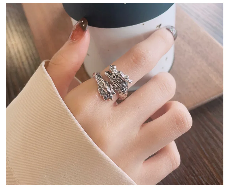 S925 sterling silver year of the loong Antique Heavy Industry Edition  dragon totem national tide wind jewelry opening ring