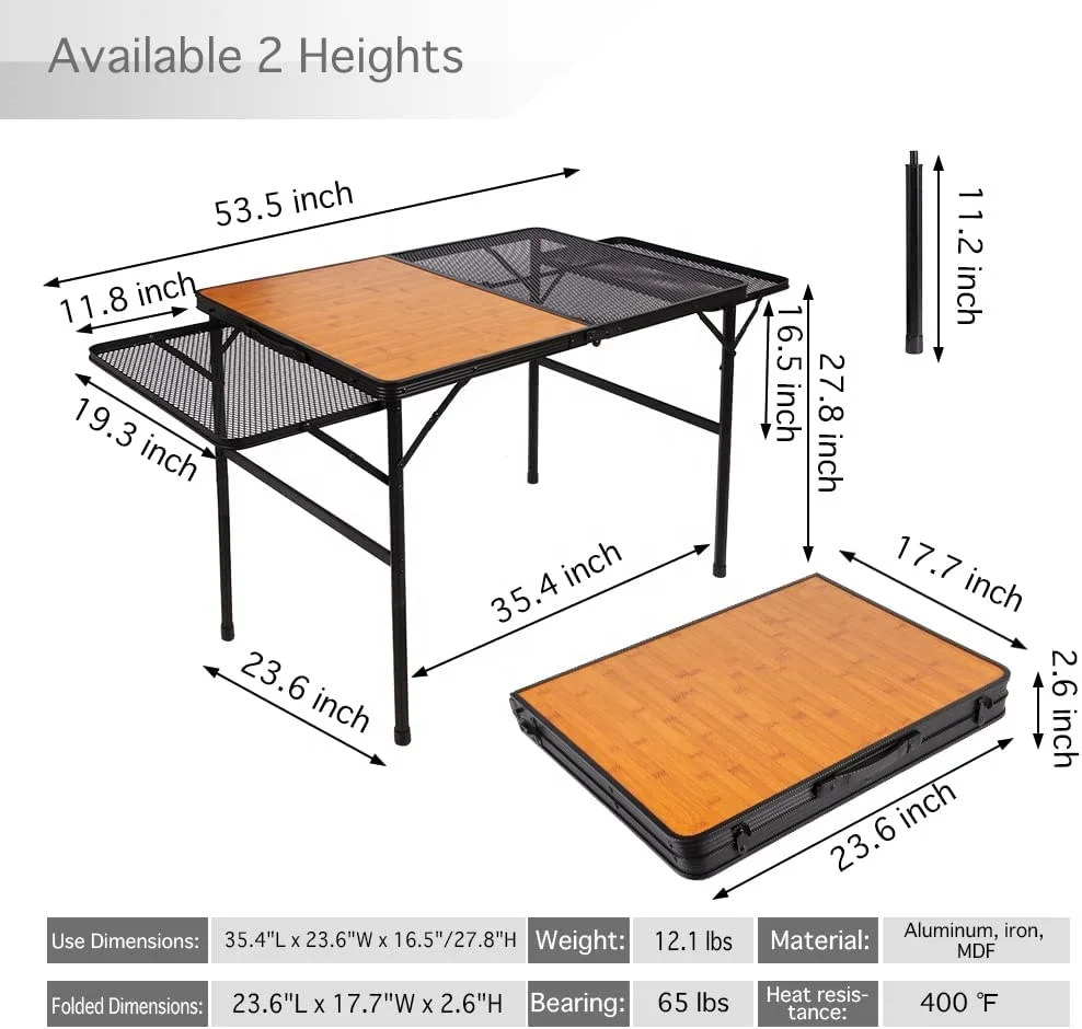 Folding Camping Table for Picnic Table - Adjustable Height Side Tables for Home Kitchen Garden - Outdoor Camp Small Foldable Tab
