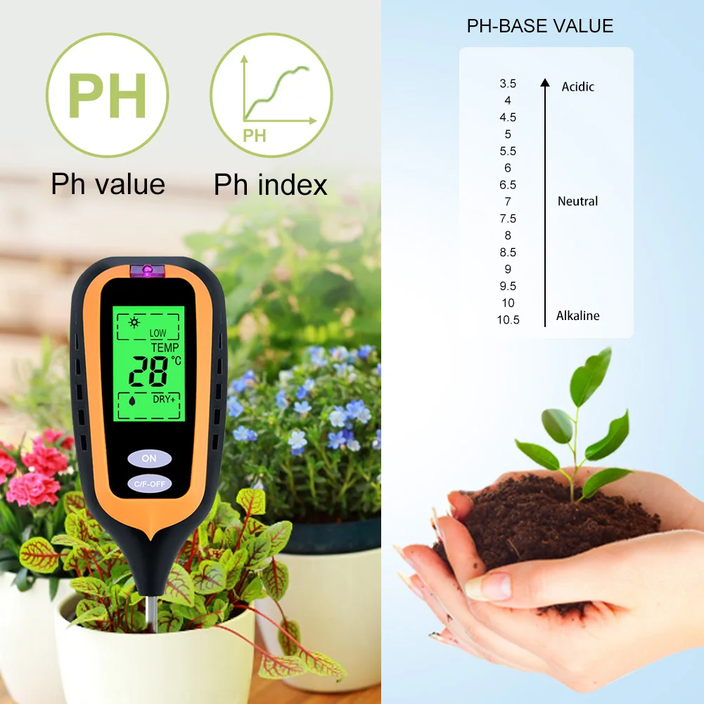 New 4 IN 1 Digital Soil Moisture Meter PH Meter Temperature Sunlight Tester for Garden Farm Lawn Plant with LCD Displayer