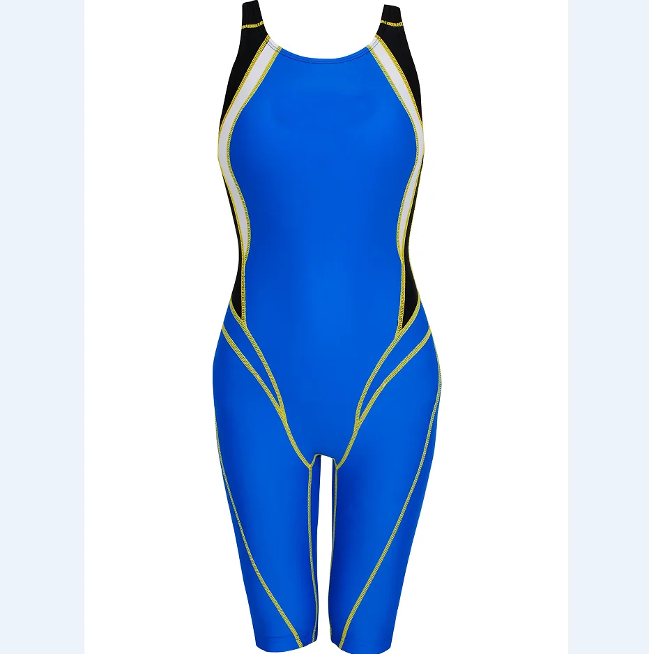 Customized Teen Swim Team Race One-Piece Swimwear Professional Sport Training Nylon Shark Skin Blue Swimsuit with Pants