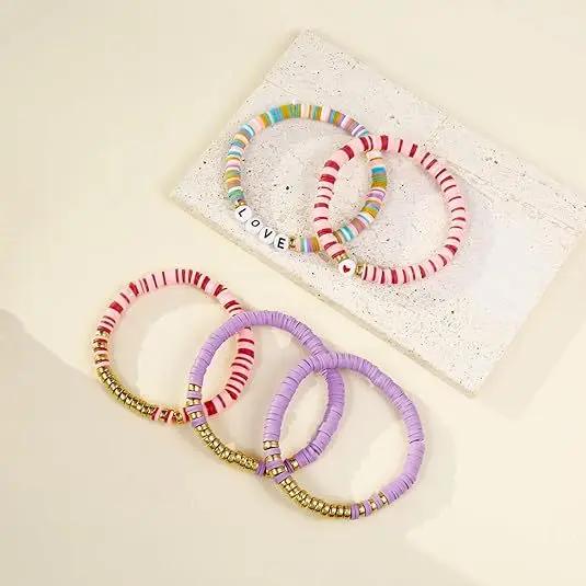 Girls Stackable Layered Pinky Surf Clay Beaded Stretch Bracelet set couple bracelet long-distance touch love