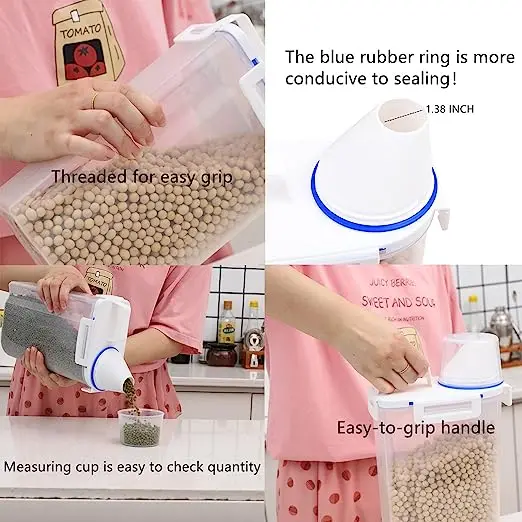 4Pack Rice Storage Bin Cereal Containers Dispenser with BPA Free Plastic Airtight Design Measuring Cup Pour Spout es