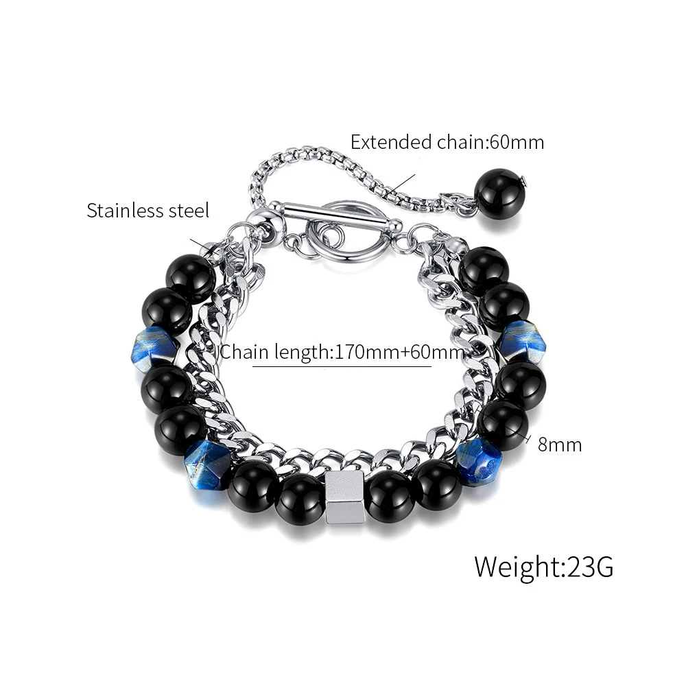 Tendency Luxury Stainless Steel Natural Blue Tiger Eye Stone Bracelets Healing Crystal Bracelet For Men