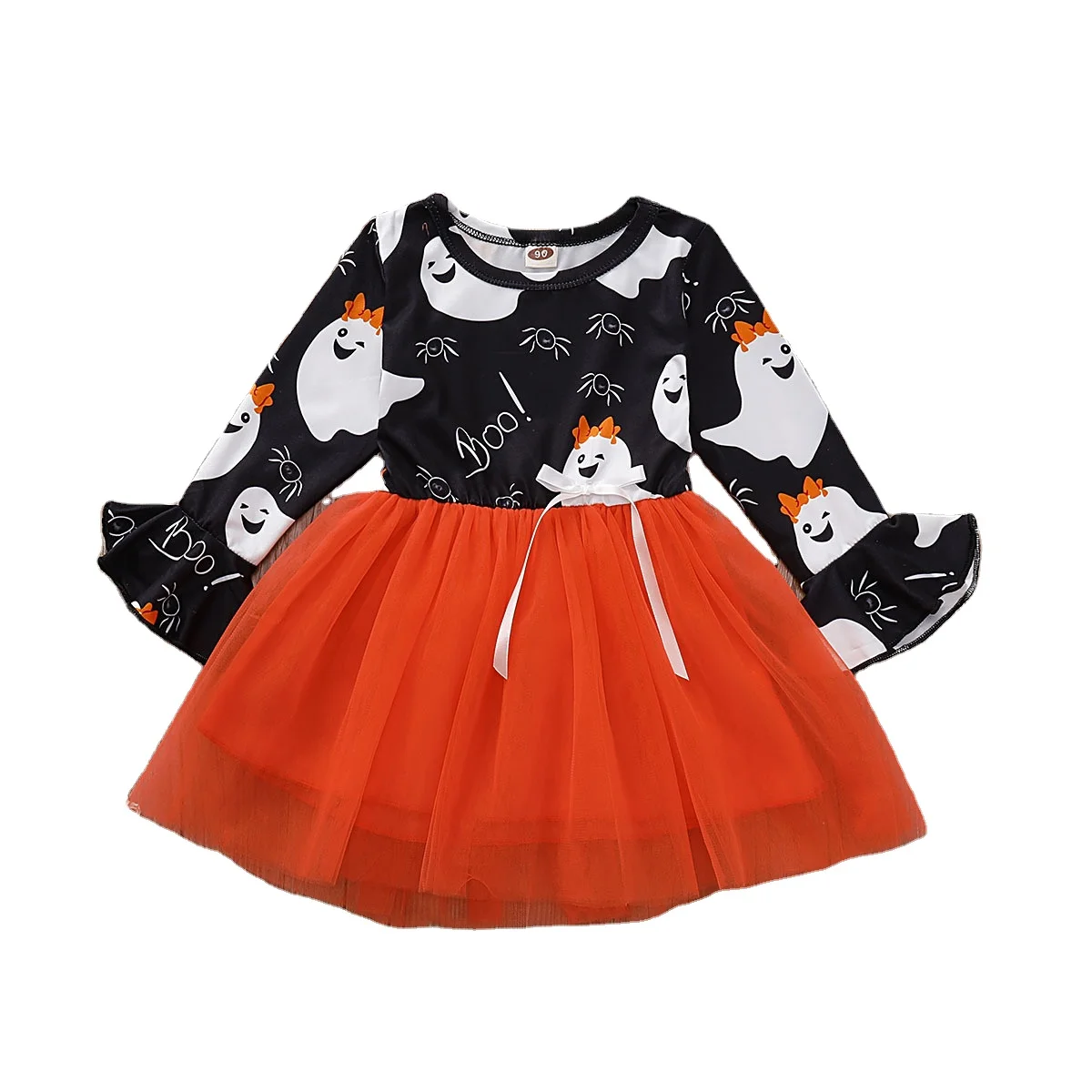 
Wholesale boutique pumpkin printed baby 3 year old girl long bell sleeve cute children clothes halloween dress 