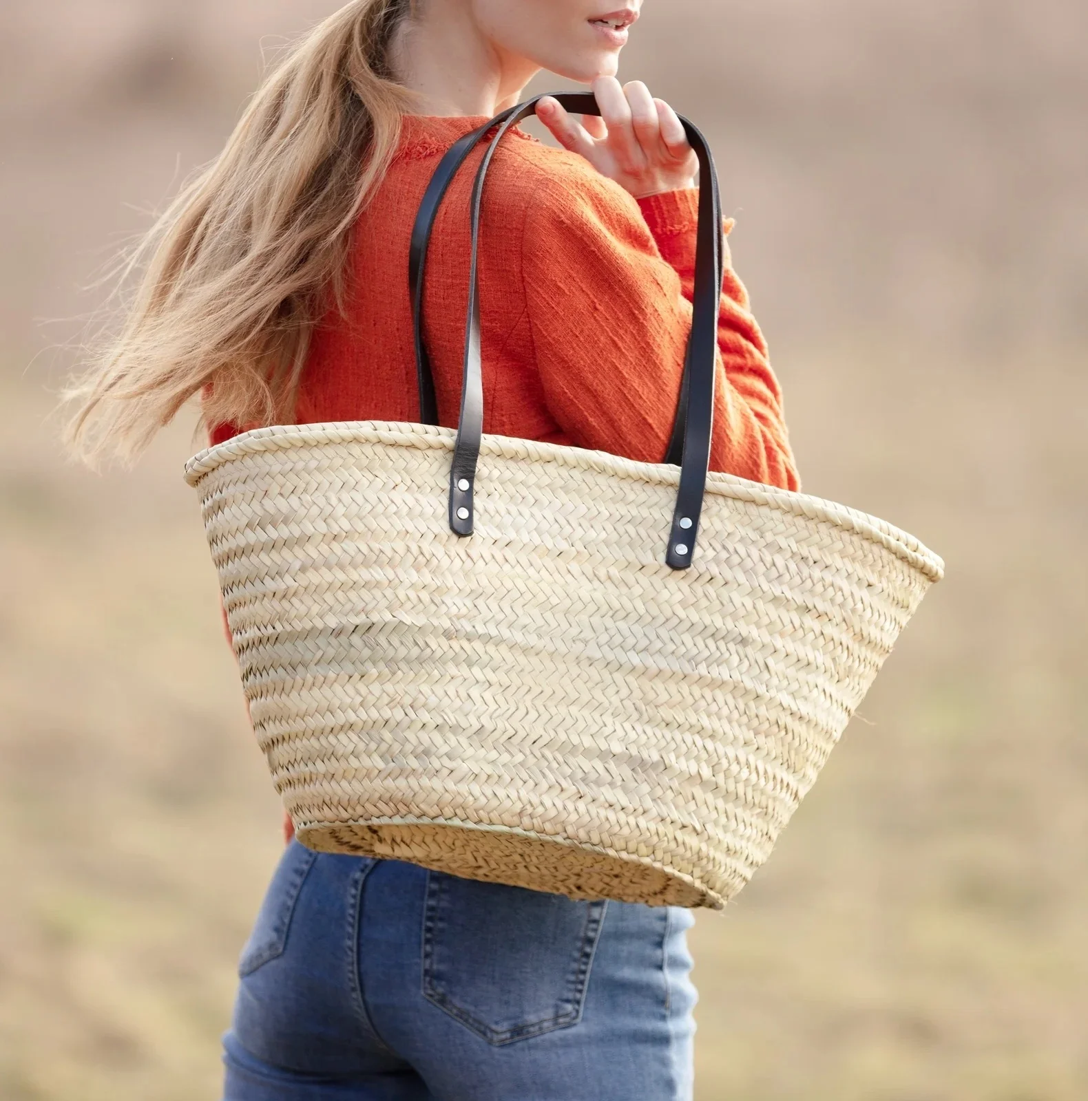 Ladies shoulder  Woven Handbags Black Shopping French Straw Basket Beach Bag