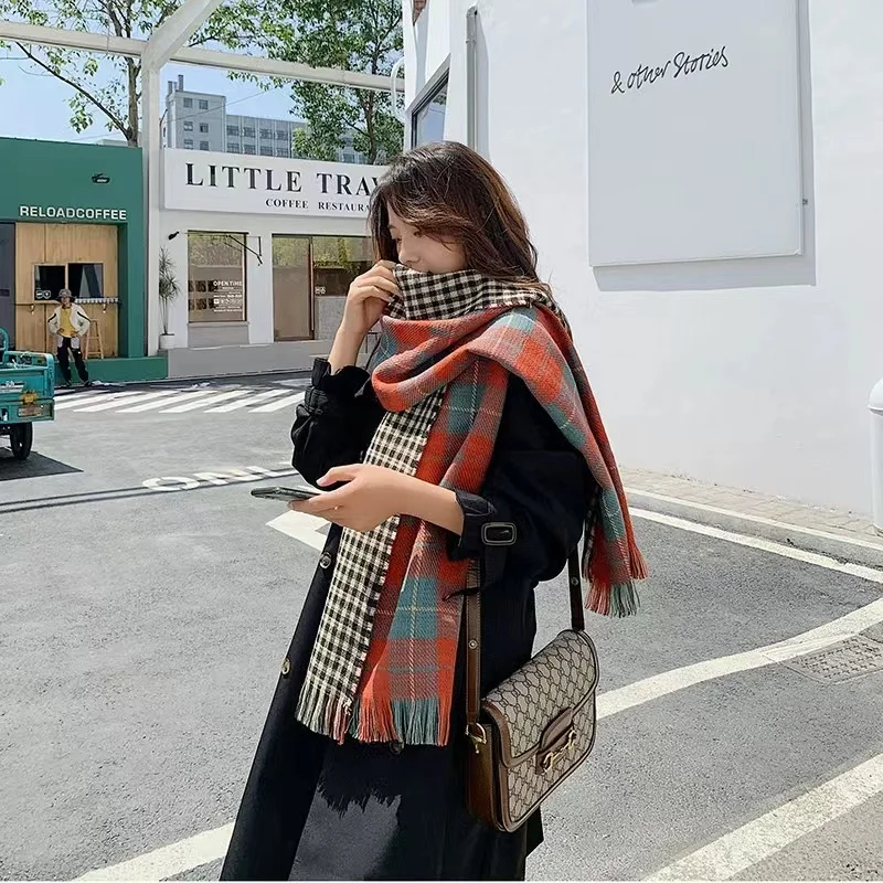 Autumn and winter new thickened warm double-sided fine grid scarf