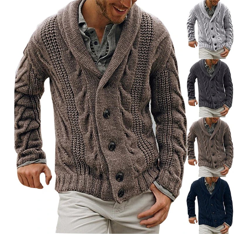 Winter Casual Acrylic Cable Knit Lapel Neck Mens Button Down Cardigan Sweaters