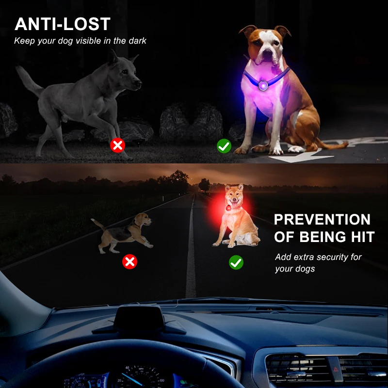 Night Walking Safety Waterproof Rechargeable Light Up Clip On Pet Harness Leash Collar Glowing Pendant LED Dog Light