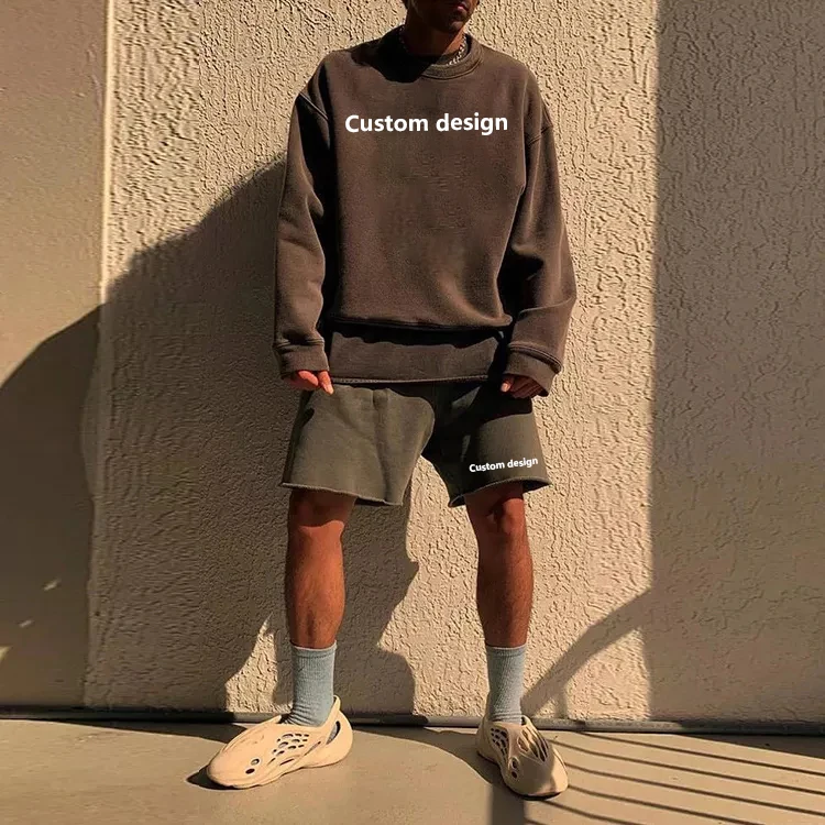 Summer Street Style Crew Neck Combed Cotton T Shirt And Shorts 2 Pieces Set Custom Graphic Plain Vintage Washed Heavy T Shirt