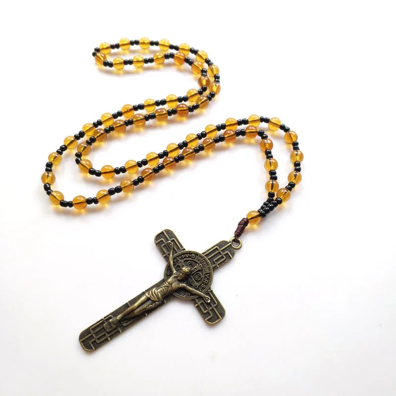 Wholesale Tea Colored Glass Bead Cross Pendant Necklace Multiple Prayer Bead Necklaces For Men And Women