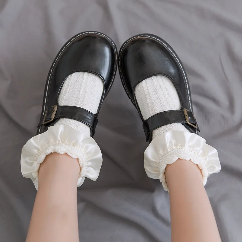 Women Socks Lolita Style Japanese Cute Frilly Ruffle Socks Solid White Black Mesh Lace Girls Sweet  Short Socks
