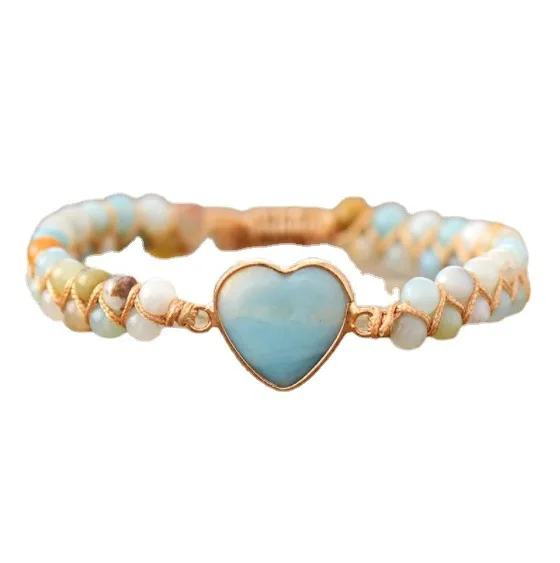 Natural Stone Heart Charm Bracelets String Braided Macrame Bracelets Jasper Friendship Wrap Bracelet Female Women Jewelry