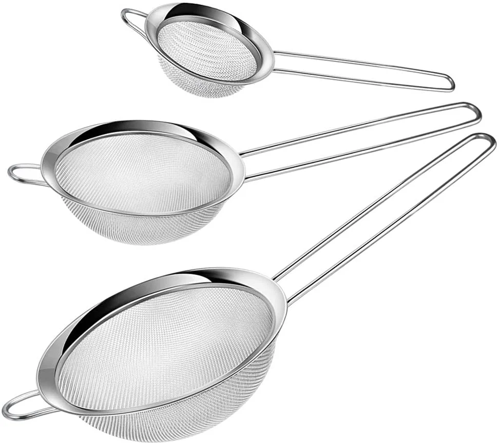 Stainless Steel Mesh Sieve, Set of 3 Small Strainers Fine Mesh for Kitchen, Silver Colander Sieve Sifter