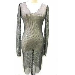 Fashion Sexy Women Crystal Rhinestone Fabric Mesh For Party Dress