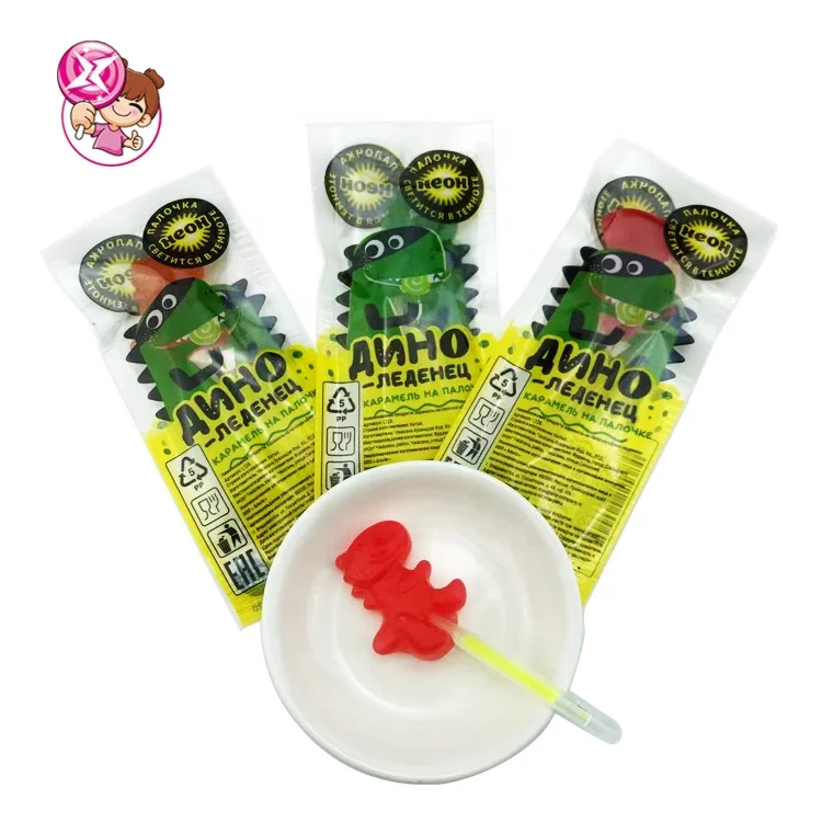 New arrival halal fluorescent lollipop cartoon Dinosaur lollipop with glow stick