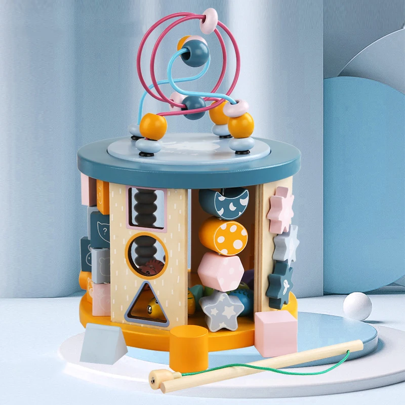 Multi-functional Wooden Activity Cubic Bead Maze Toys Babies Early Learning Multi-functional Toys Wooden Busy Box