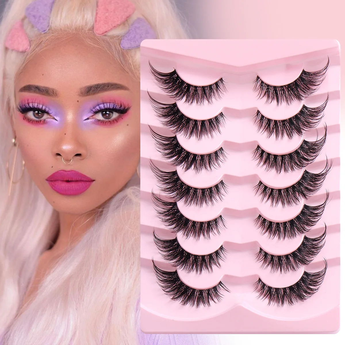 7 Pairs Fake Eyelashes Cat Eye Natural Tapered Half Lashes Fox Eye Winged Cat Eye Mink Lashes Extension Makeup Faux Cils