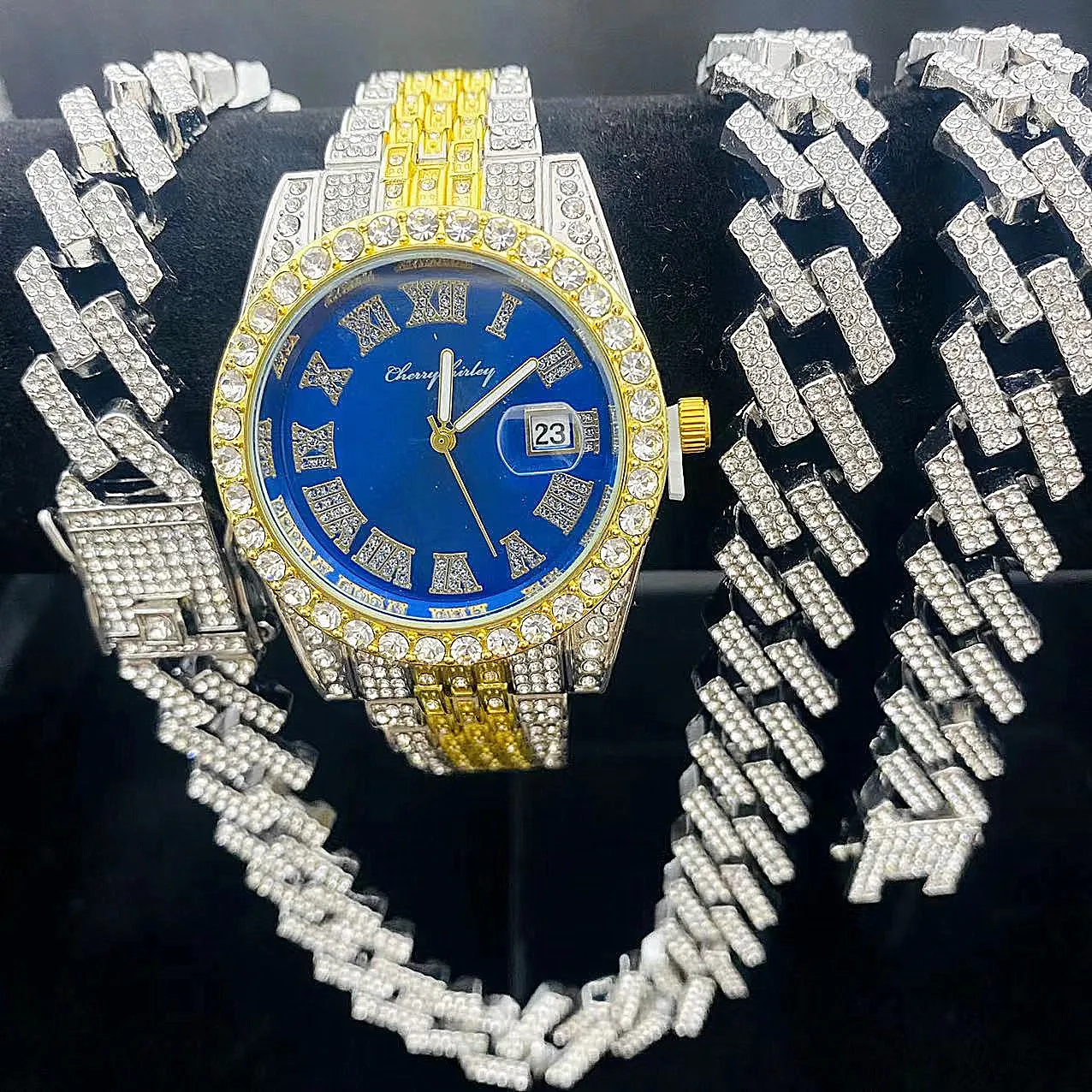 3pcs Hip Hop Watch for men Fashion Men Watches Bracelet Set Bling Iced Out watch gift set Miami Cuban Men Jewelry Sets for Women