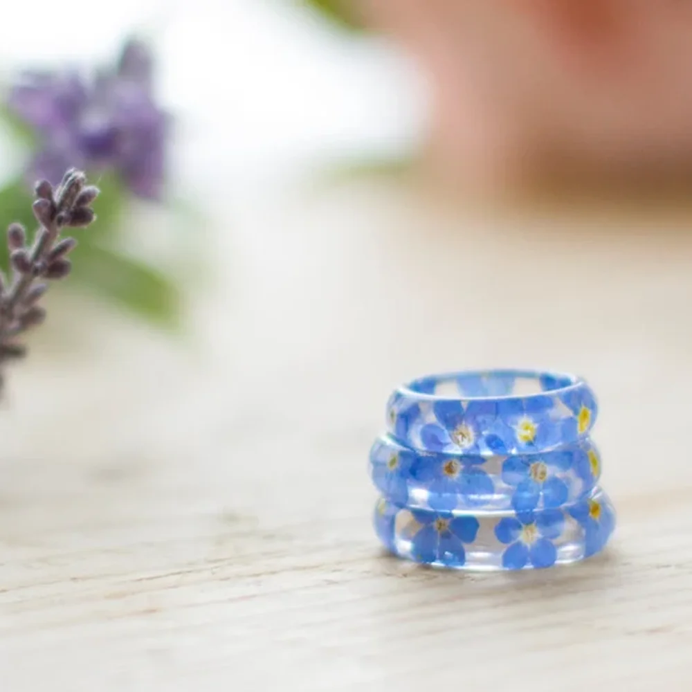 Factory Price Forest Series Forget Me Not Jewelry Transparent Epoxy Resin Real Flower Ring