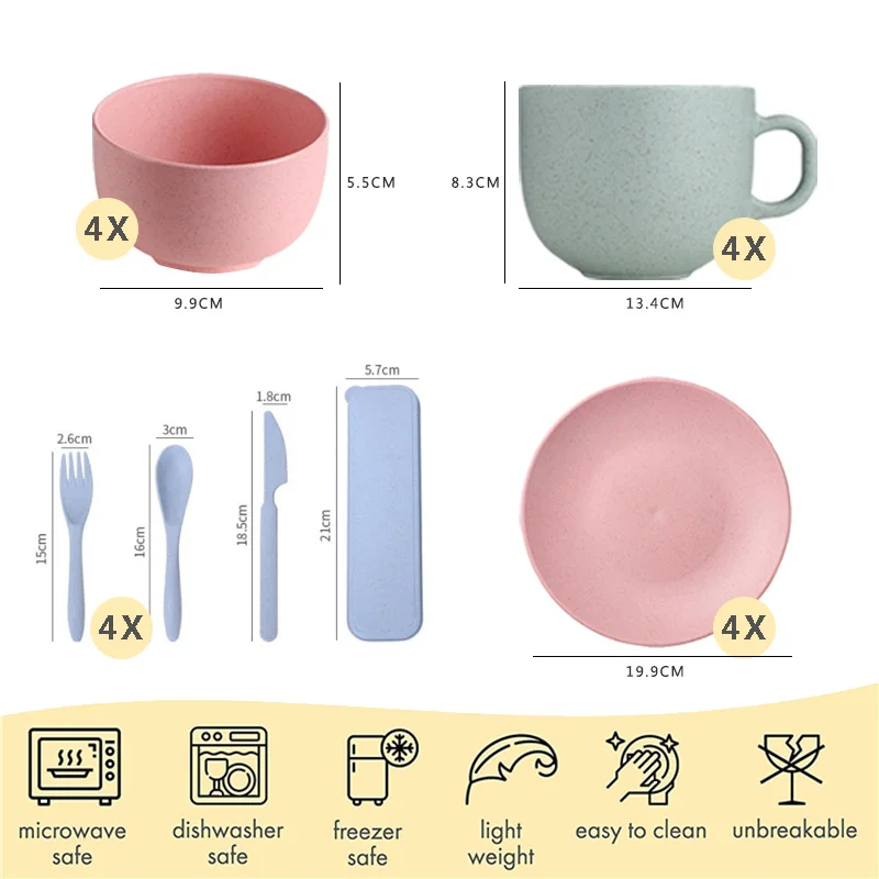 24 PCS /Set Custom Bpa Free Eco Friendly Unique Kids Wheat Straw Tableware Reusable Dinnerware Sets
