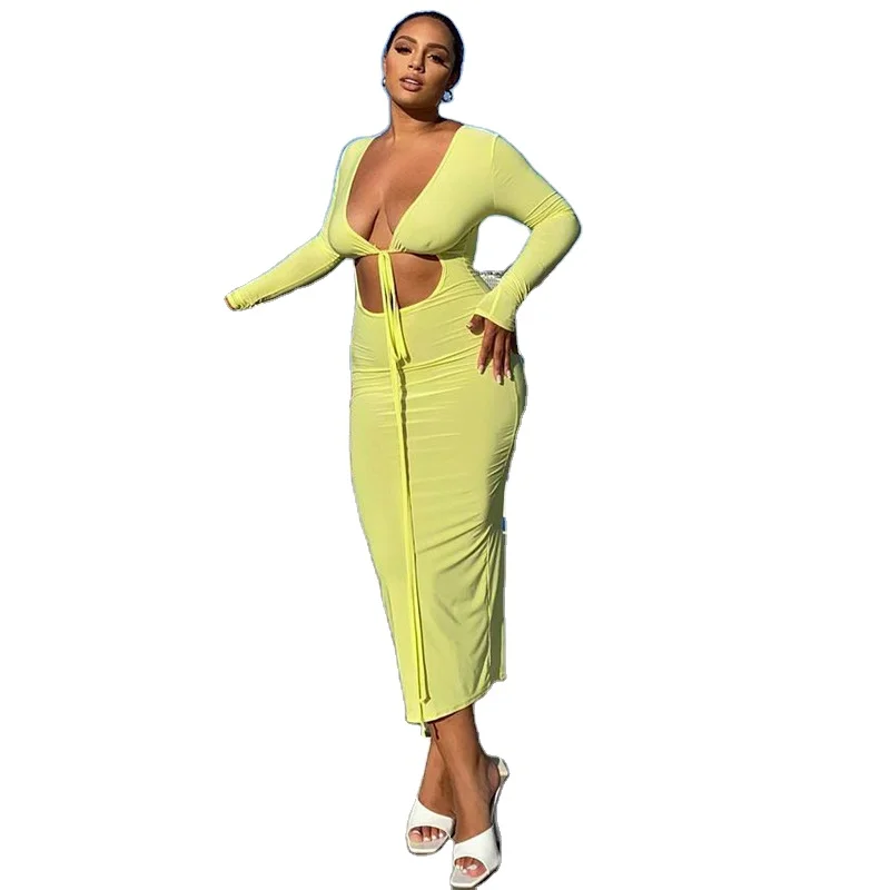 Autumn New High Elastic Solid Color Women Deep V Neck Long Sleeve Hollow Out Lace Up Skinny Pencil Dress