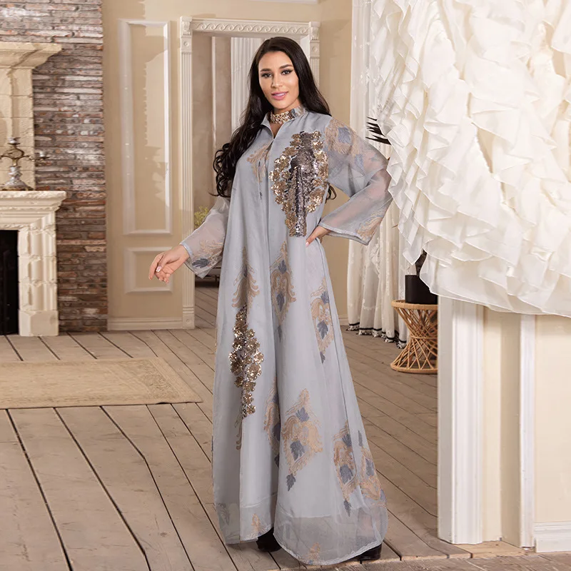 New Embroidered Dubai Abaya Islamic Clothing with Beads See Through Mesh Long Sleeve Kaftan Women Muslim Evening Party Dress