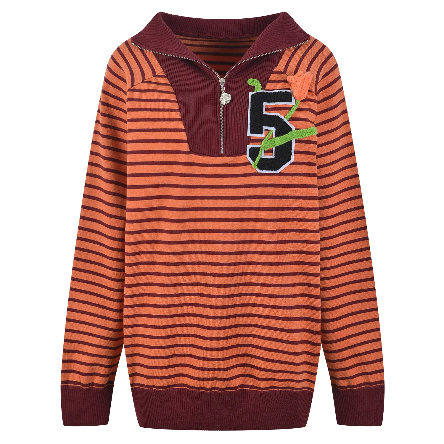 Korean Style Lazy Loose Women Fall Sweater Autumn Womens Striped Sweaters Zip Sweater Mid-length Crochet Flower Knitwear