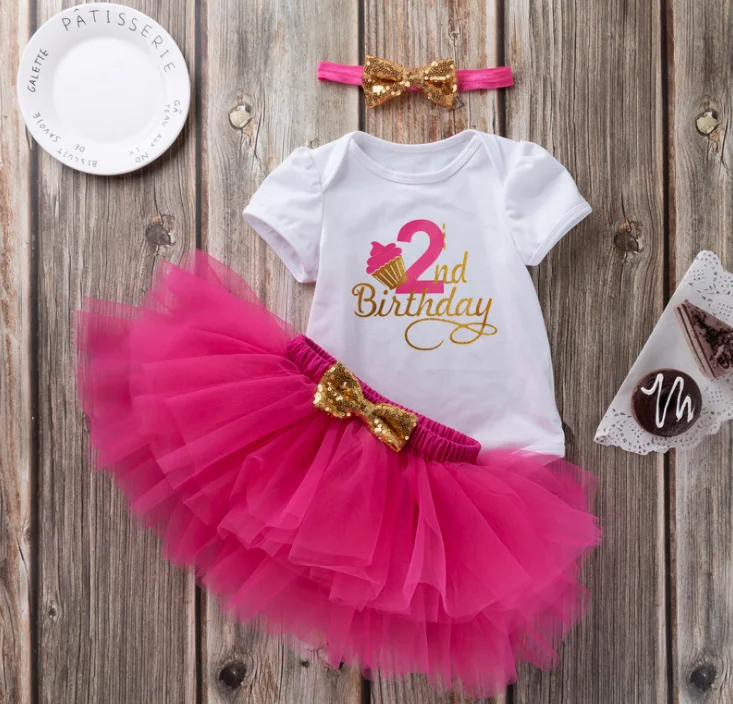 In stock baby suit baby cartoon birthday idea letter baby rompers solid color tutu skirt