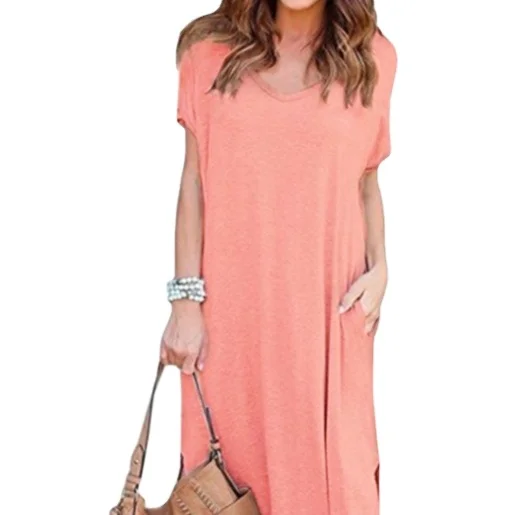 Оптовая продажа женское летнее длинное платье повседневное Свободное с карманами коротким рукавом и разрезом